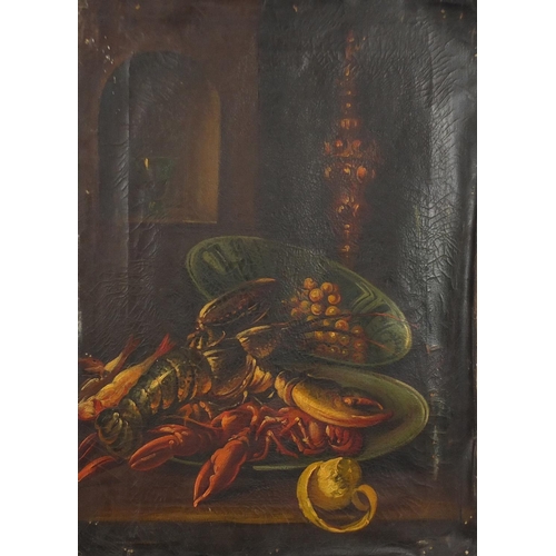 2184 - Still life lobsters and vessels, 19th century oil on canvas, unframed, 71cm x 50cm