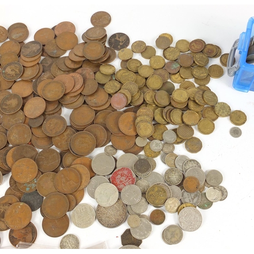485 - Large selection of mostly British pre decimal coins including two shillings, six pence's, pennies, h... 