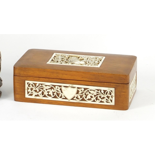 278 - Two Chinese carved wood figures and a rectangular cigarette box with ivory inlay, the largest 27.5cm... 