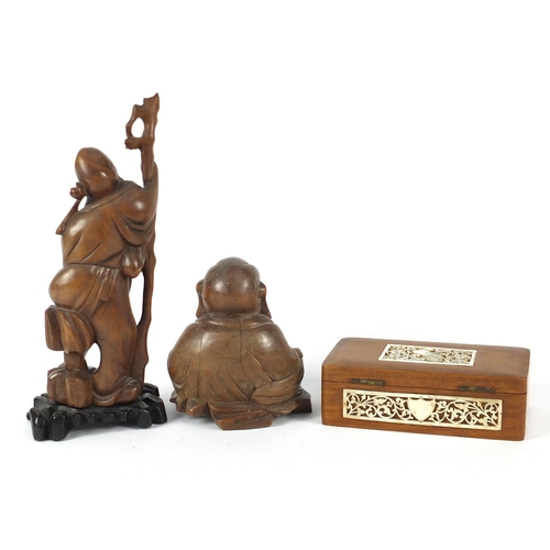 278 - Two Chinese carved wood figures and a rectangular cigarette box with ivory inlay, the largest 27.5cm... 