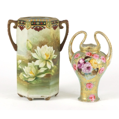 84 - Japanese Nippon porcelain twin handled vase and one other, the largest 22.5cm high