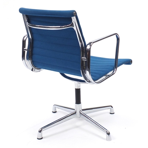 2081 - Charles and Ray Eames EA107 design desk chair with turquoise upholstery, 82cm high