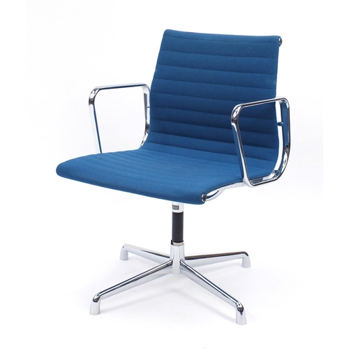 2082 - Charles and Ray Eames EA107 design desk chair with turquoise upholstery, 82cm high