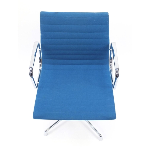 2082 - Charles and Ray Eames EA107 design desk chair with turquoise upholstery, 82cm high