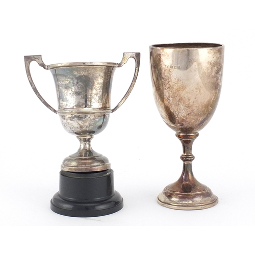 2592 - Two silver trophies, one with RAF athletic sports inscription, the largest 14cm high, 144.8g