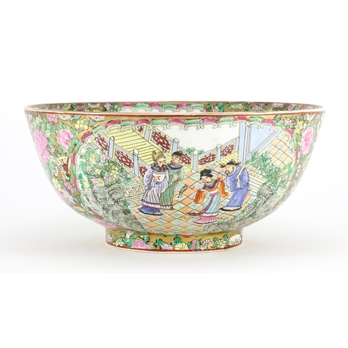 2357 - Chinese porcelain Canton bowl, hand painted in the famille rose palette with figures, flowers and in... 