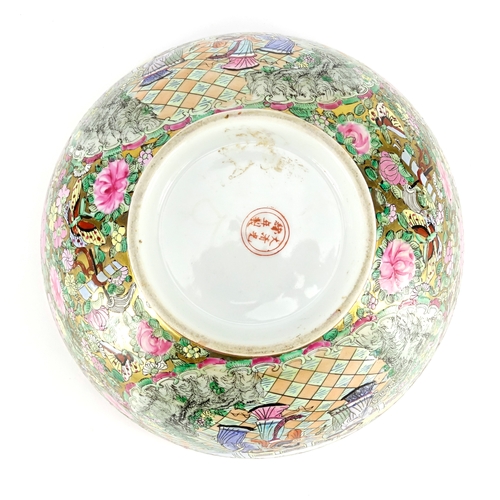 2357 - Chinese porcelain Canton bowl, hand painted in the famille rose palette with figures, flowers and in... 