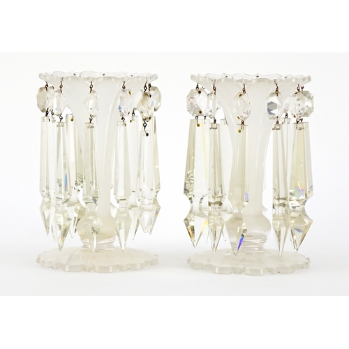 2334 - Pair of frosted glass lustre's with cut glass drops, each 18cm high