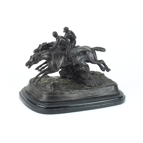 2146 - Large patinated bronze group of two jockey's on horseback, 40cm wide