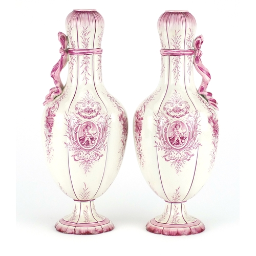 2331 - Pair of French pottery vases with ribbon design handles by Gien, each decorated with a panel of putt... 