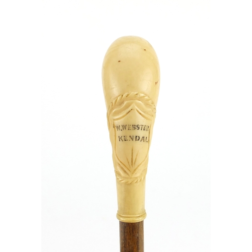 2540 - Antique carved ivory walking stick pommel engraved W Webster Kendal, 17.5cm in length