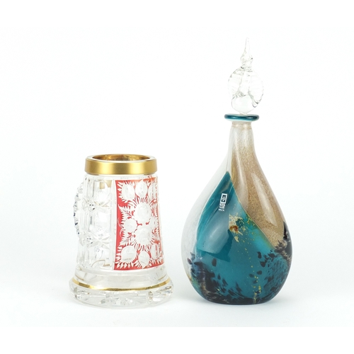 2260 - Mdina twisted glass bottle with stopper and a Bohemian red flashed and cut glass tankard, the larges... 