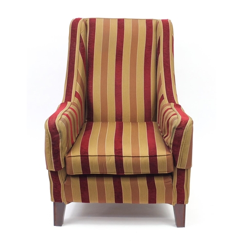 2034 - Mahogany framed armchair with red and gold striped upholstery, 104cm high