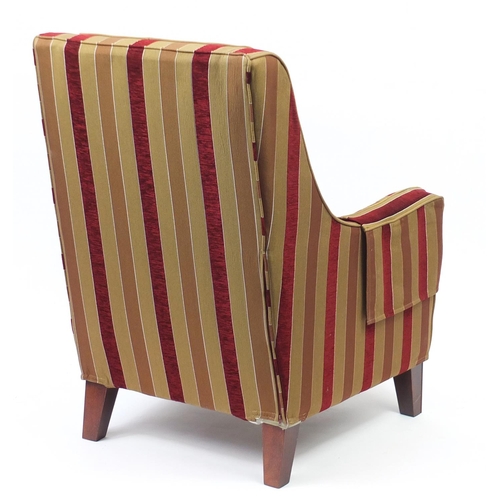 2034 - Mahogany framed armchair with red and gold striped upholstery, 104cm high