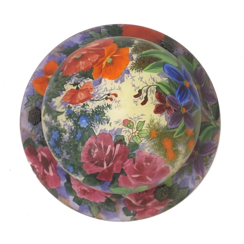 2114 - Victorian glass plafonnier decorated with flowers, 35cm in diameter