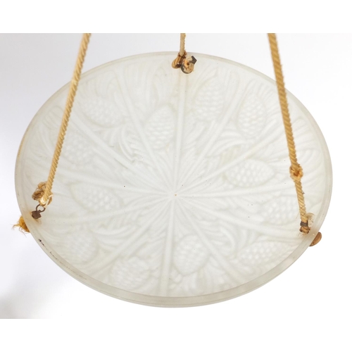 2115 - Art Deco frosted glass plafonnier moulded with pine cones and leaves, 35cm in diameter