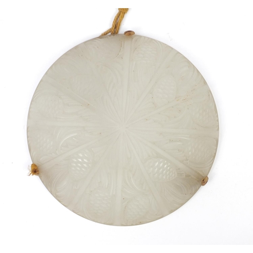 2115 - Art Deco frosted glass plafonnier moulded with pine cones and leaves, 35cm in diameter