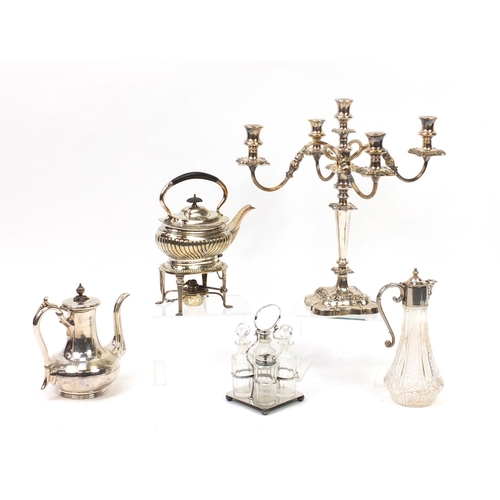 2116 - Silver plate including a five branch candelabra, James Dixon & Sons coffee pot and a four bottle gla... 