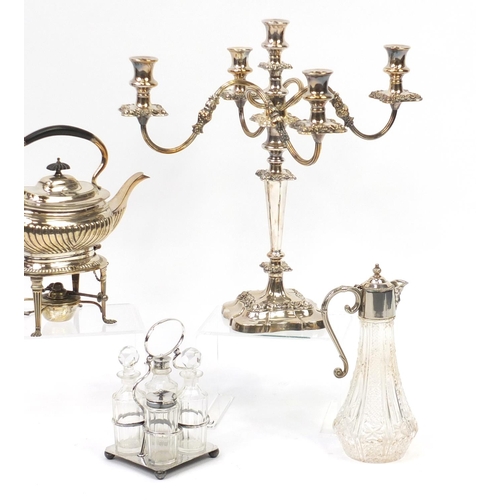 2116 - Silver plate including a five branch candelabra, James Dixon & Sons coffee pot and a four bottle gla... 
