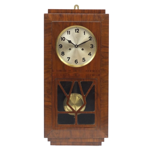 2177 - Art Deco walnut Hamburg American Clock Co wall clock, with silvered dial and Arabic numerals, 68.5cm... 