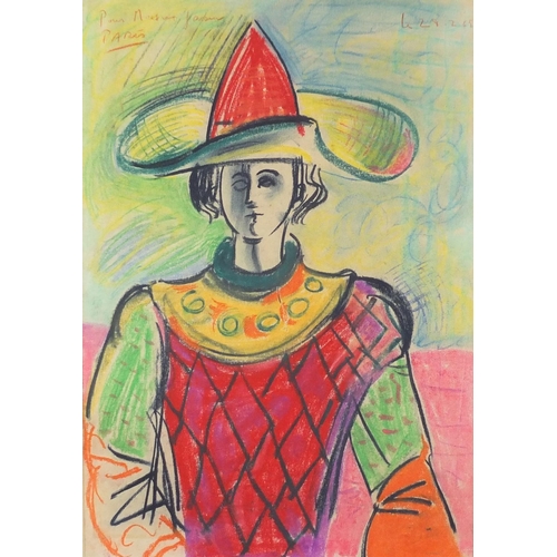 2328 - WITHDRAWN- After Pablo Picasso - Figure in a theatrical costume, mixed media on paper, inscribed Pou... 