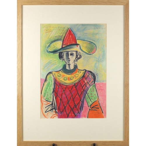 2328 - WITHDRAWN- After Pablo Picasso - Figure in a theatrical costume, mixed media on paper, inscribed Pou... 