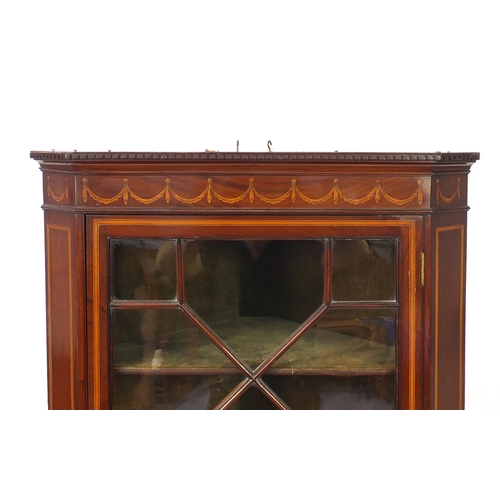 2061 - Inlaid mahogany corner cabinet with astragal glazed door above a cupboard door, 185cm H x 65cm W x 4... 