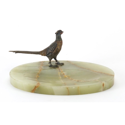 89 - Cold painted bronze pheasant design onyx desk stand, indistinct impressed marks to the underside of ... 