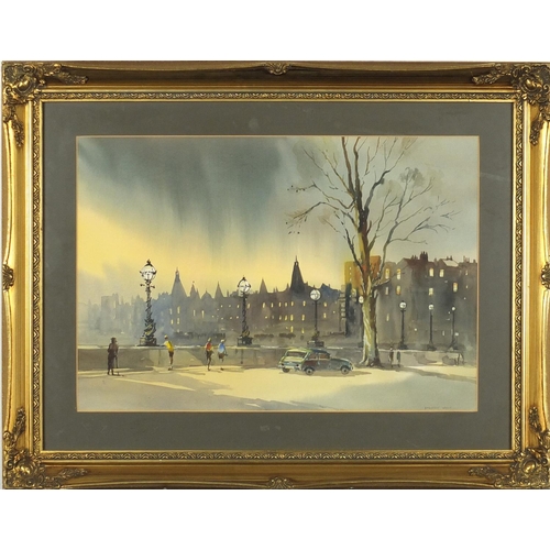 196 - Sydney Vale - Cityscape embankment, watercolour, inscriptions verso, mounted and framed, 50.5cm x 35... 