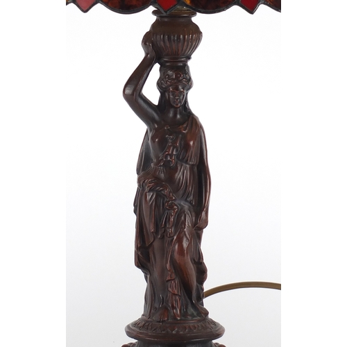 2235 - Art Nouveau style bronzed metal maiden table lamp with Tiffany design shade, 60cm high