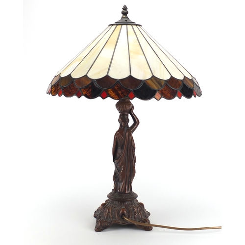 2235 - Art Nouveau style bronzed metal maiden table lamp with Tiffany design shade, 60cm high