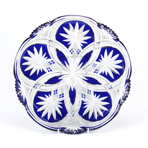 2238 - Bohemian blue flashed cut glass tray, 30.5cm in diameter