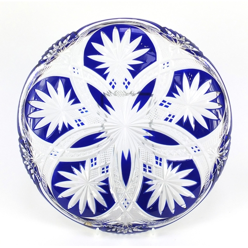 2238 - Bohemian blue flashed cut glass tray, 30.5cm in diameter
