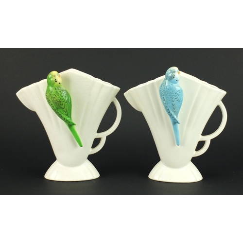 2388 - Pair of Art Deco Sylvac/Falcon Ware budgie  vases, 23cm high