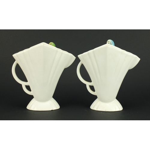 2388 - Pair of Art Deco Sylvac/Falcon Ware budgie  vases, 23cm high