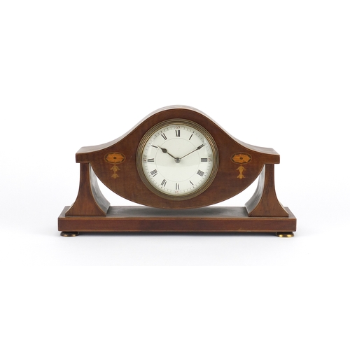 2266 - Edwardian inlaid mahogany mantel clock with enamelled dial, 29cm wide