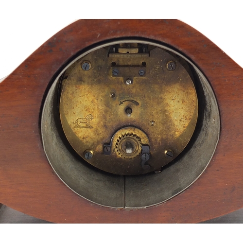 2266 - Edwardian inlaid mahogany mantel clock with enamelled dial, 29cm wide