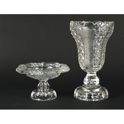 2148 - 19th century cut glass vase and pedestal sweetmeat dish, etched with berries and leaves, the largest... 
