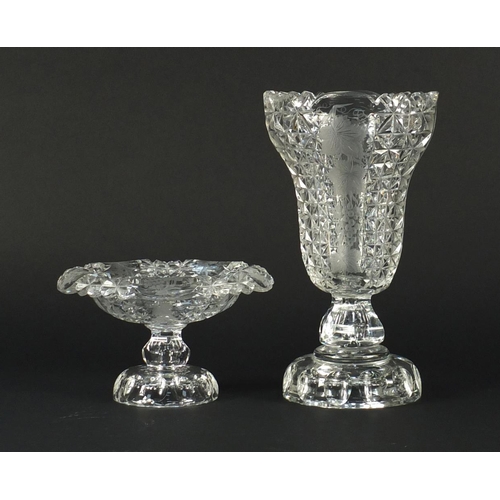 2148 - 19th century cut glass vase and pedestal sweetmeat dish, etched with berries and leaves, the largest... 