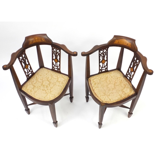 8 - Two Edwardian inlaid mahogany corner chairs, 81cm high