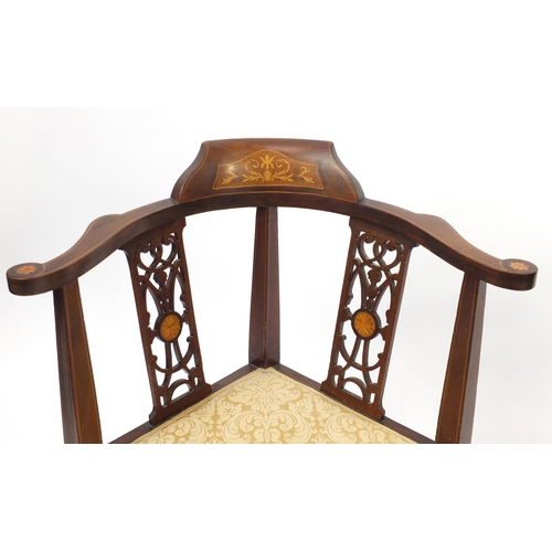 8 - Two Edwardian inlaid mahogany corner chairs, 81cm high