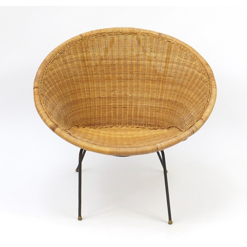 56 - Vintage wicker tub chair with metal base, 69cm high