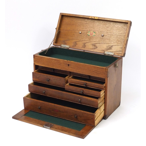 15 - Neslein oak seven drawer tool chest, 36cm H x 51cm W x 23cm D