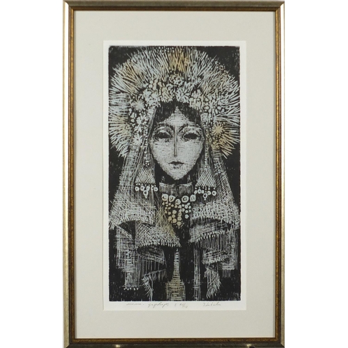 152 - Portrait of a female, pencil signed print limited edition 10/10, mounted and framed, 42cm x 22cm