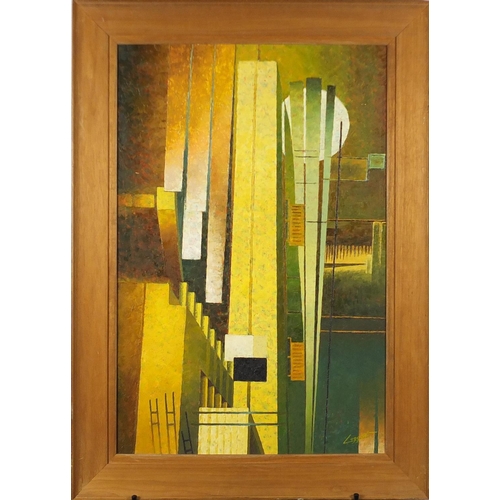 126 - Abstract composition, geometric shapes, oil on board, bearing a signature Leggat, framed, 75cm x 49.... 