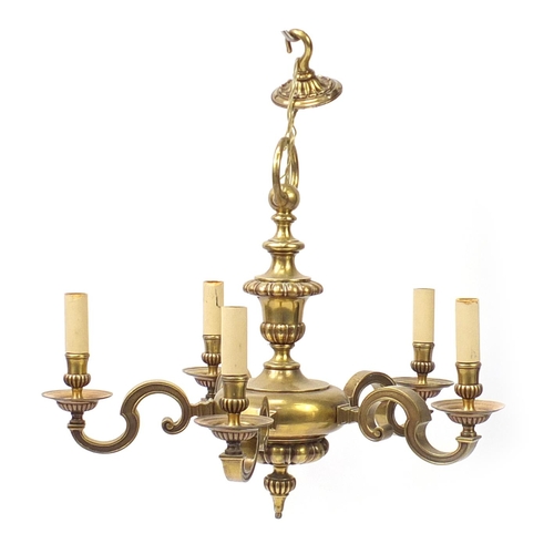 28 - Heavy brass five branch ceiling pendant, with S scrolls, 50cm high