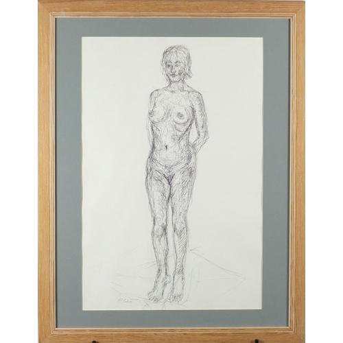 98 - Nude female form pen and ink, bearing a signature J F Culver, mounted and framed, 66cm x 44cm