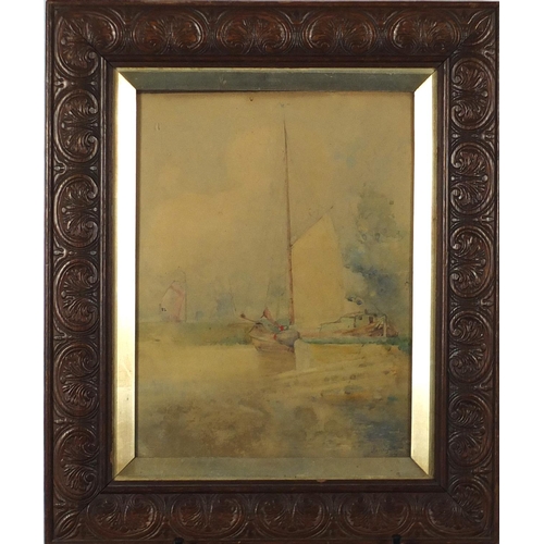 99 - Moored boats, watercolour, bearing an indistinct signature possibly Henry ? framed, 34cm x 26cm