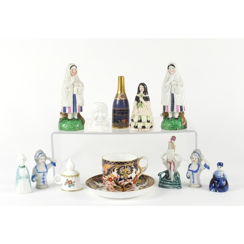 161 - China including a Derby cup and saucer, half pin dolls and candle snuffers