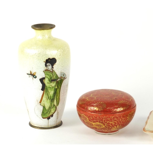 279 - Japanese cloisonné vase and porcelain including a pair of Satsuma dishes, the vase 11.5cm high